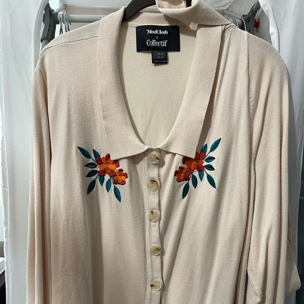 Modcloth Cream and Orange Floral Embroidered Cardigan